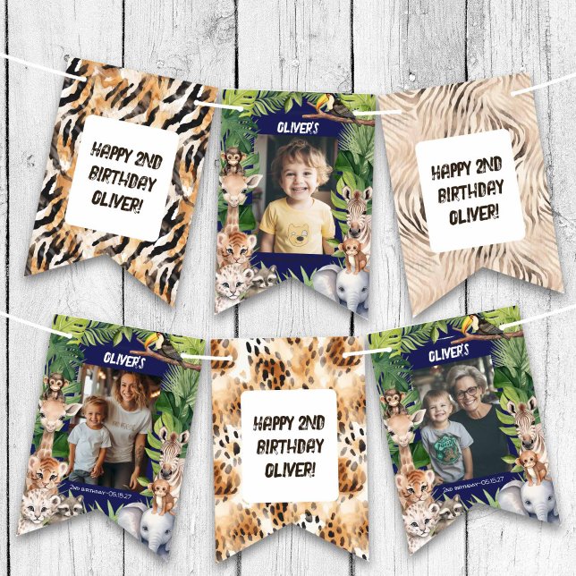 Banderines Nacimiento de foto de Safari Jungle de Navy Blue B (Navy Blue Safari Animals Themed Any Age BIrthday Photo Bunting flags.)