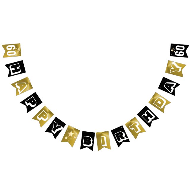 Banderines Negro y oro Feliz cumpleaños número 60 (Todo)