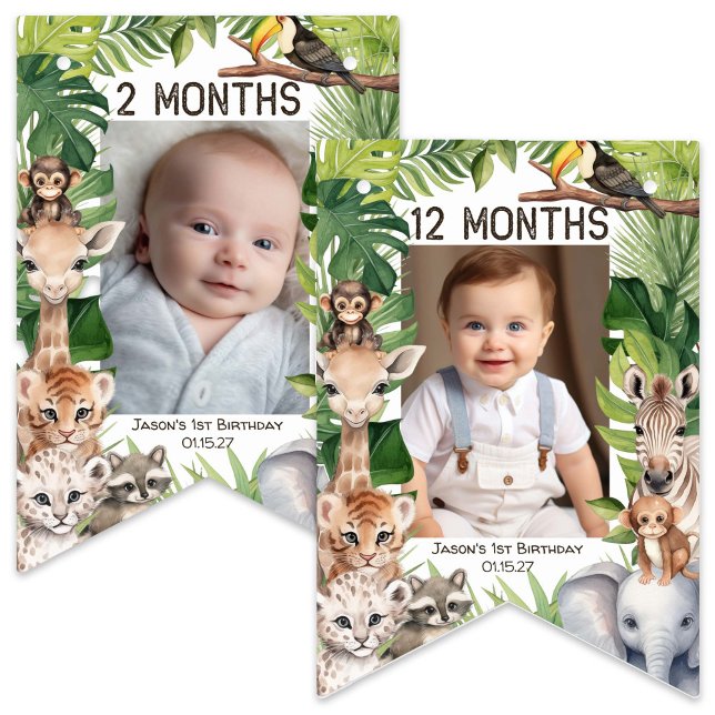 Banderines Niño de 1 cumpleaños Wild One Animals Montly Photo (Wild one, Boy 1st birthday Monthly Photo Banner.)