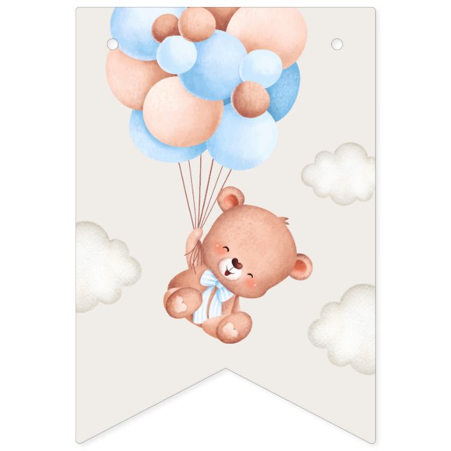 Banderines Oso bebé, globos azules, primer cumpleaños (Primera bandera)