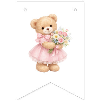 Banderines Oso de peluche de gingham rosa Feliz cumpleaños