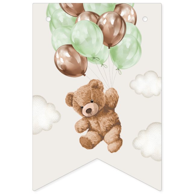 Banderines Oso de peluche, globos verdes, primer cumpleaños (Primera bandera)