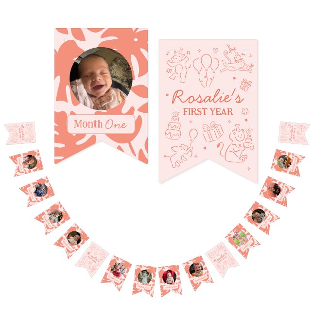 Banderines Party Animals Girl's First Birthday Photo Collage (Jungle Party Animals First Year Photo Collage Banner)