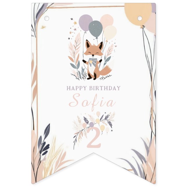 Banderines Pastel Boho Fox y Balloons Cumpleaños (Primera bandera)