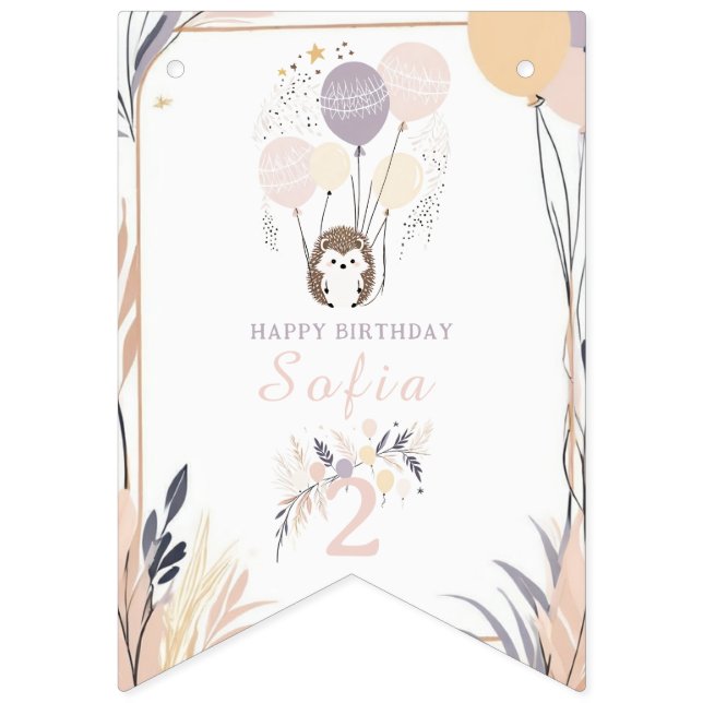 Banderines Pastel Boho Hedgehog y Globos Cumpleaños (Decimosexta bandera)