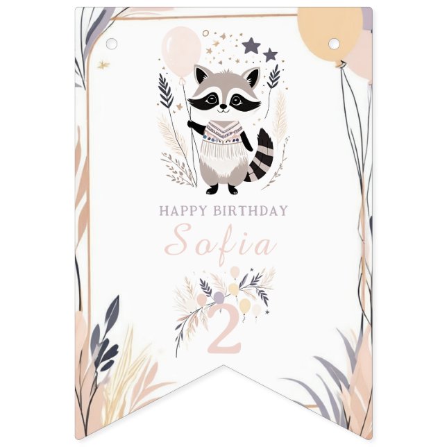 Banderines Pastel Boho Raccoon y Globos Cumpleaños (Primera bandera)