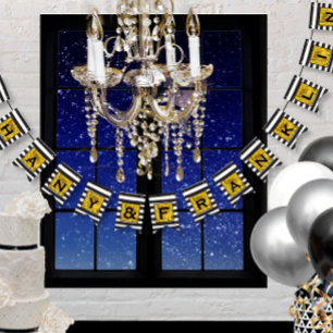 Banderines Patrón de franja blanca y negra con Boda dorado