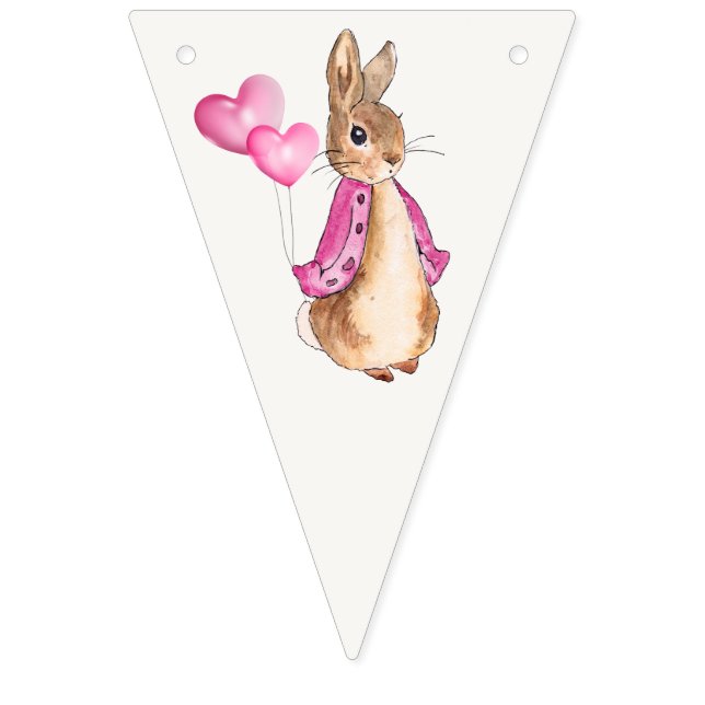 Banderines Pedro el Conejo con globos de corazón rosados (Primera bandera)