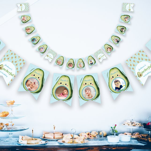 Banderines Personalizado 12 fotos Maravilloso Aguacate 1er cu (Custom 12 Photos Onederful Avocado 1st Birthday Bunting Flags)