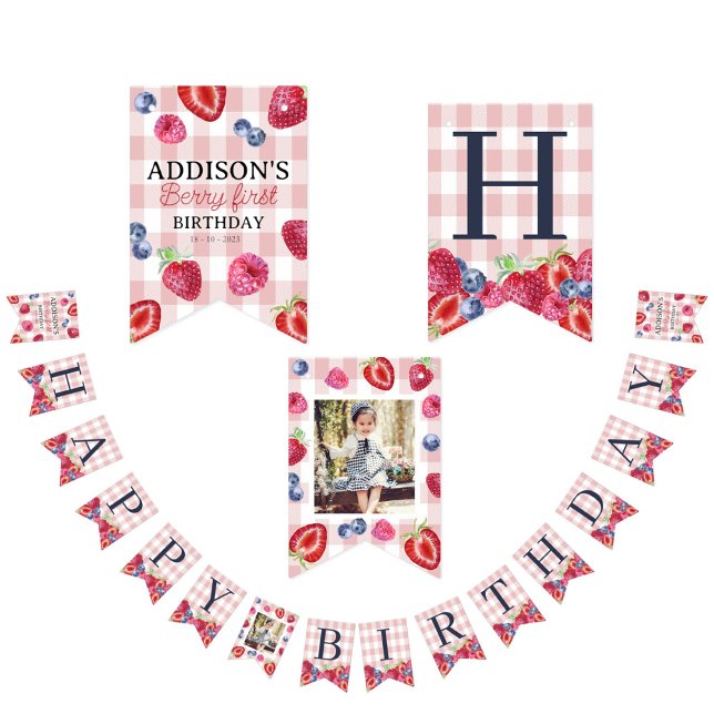 Banderines Personalizado Cute Berry Primer Cumpleaños Pink Pl (Subido por el creador)