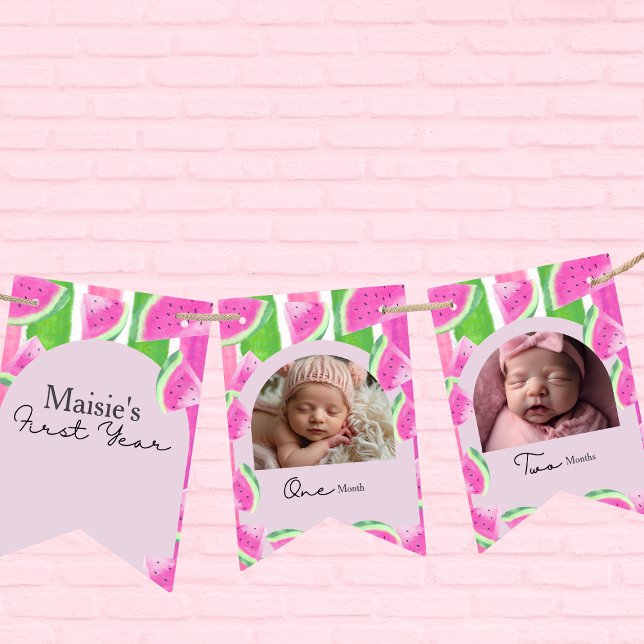 Banderines Personalizado Watermelon 1er cumpleaños 12 Foto (Custom Watermelon 1st Birthday 12 Photo Bunting Flags)