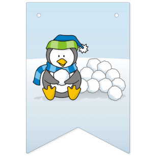 Banderines Pingüino pequeño sentado con bolas de nieve