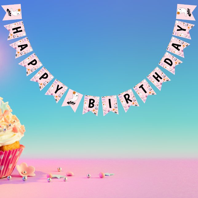 Banderines Pink Spooky One Cute Halloween Feliz cumpleaños (Pink Spooky One Cute Ghost Halloween Happy Birthday Bunting Flags  )