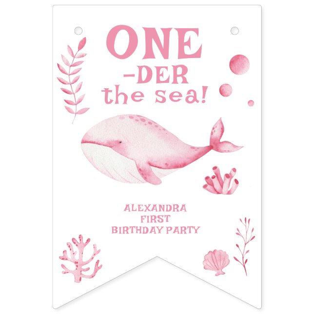 Banderines Pink Whale Oneder The Sea 1st Birthday  (Primera bandera)