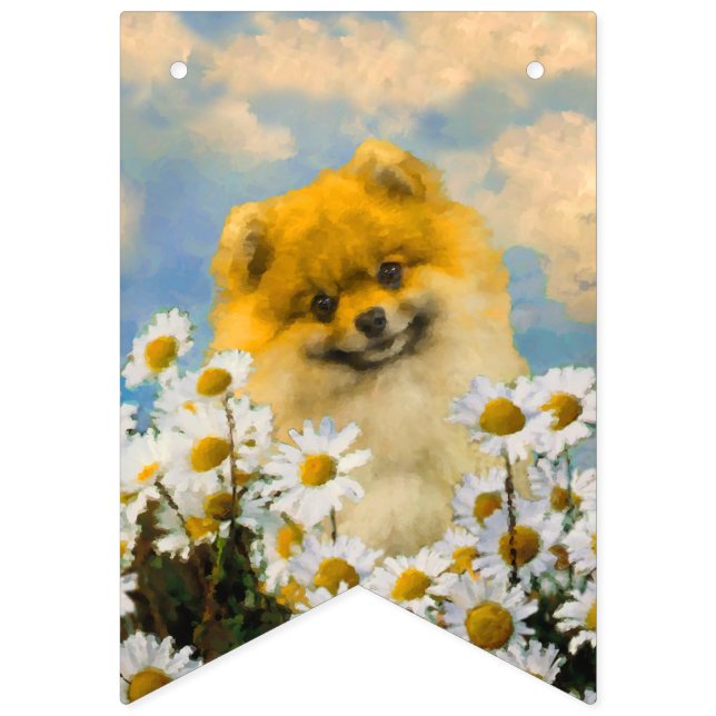 Banderines Pomerania en pintura de Daisies - Arte de perro or (Primera bandera)