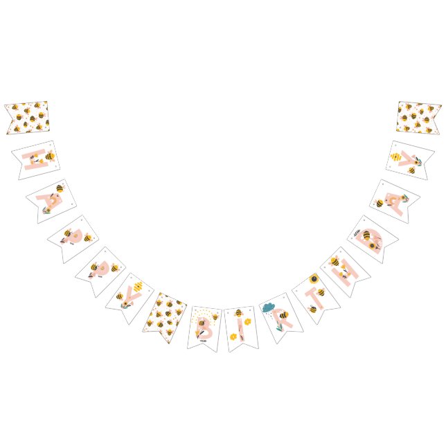 Banderines Primer cumpleaños de Bee Yellow & Pink Floral ONE  (Todo)