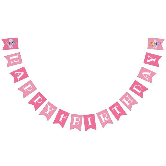 Banderines Primer Cumpleaños Hada Feliz Cumpleaños Rosa (Todo)