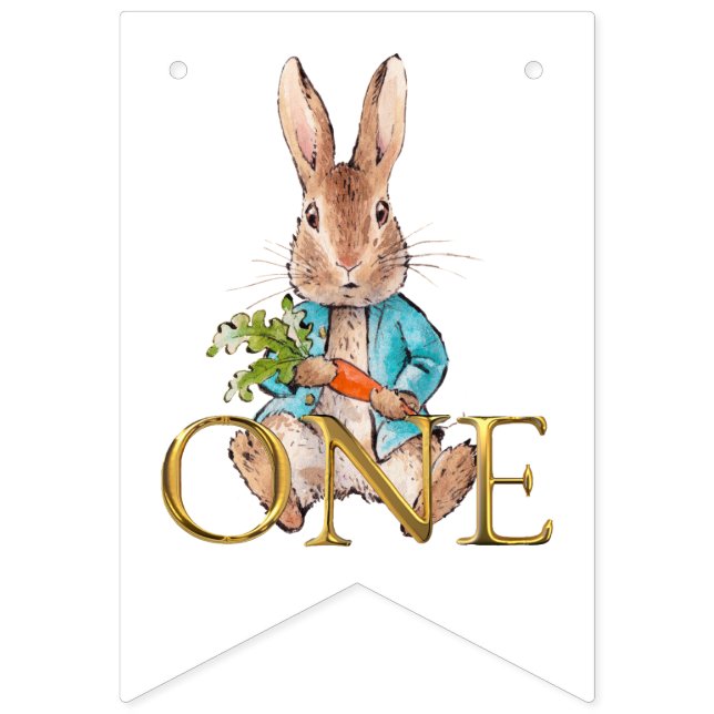 Banderines Primer cumpleaños Pedro el Conejo sosteniendo una  (Primera bandera)