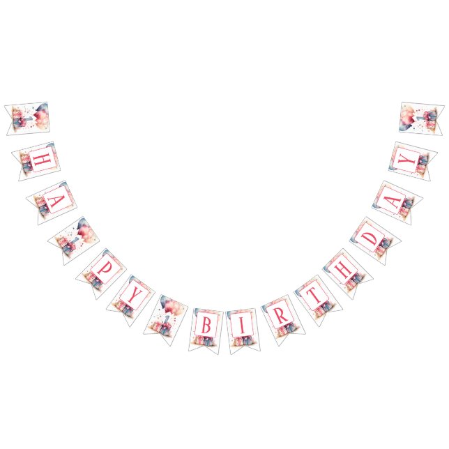 Banderines Primer cumpleaños - Regalos de acuarela y globos - (Todo)