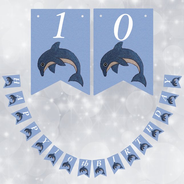 Banderines Purpurinoso blanco azul saltando delfín de cumplea (Sparkle blue jumping dolphins on light blue kids Happy Birthday party flag banner.)