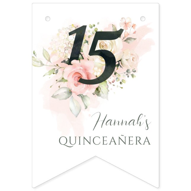 Banderines Quinceanera floral rosa Fiesta de cumpleaños 15 (Primera bandera)