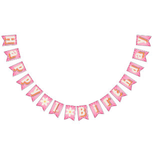Banderines Retro Daisy Pink Sunburst Feliz primer cumpleaños