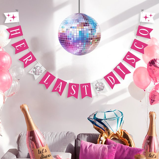 Banderines Rótulo de Banner de su última disco Ball Bachelore (Her Last Disco hot pink trendy disco ball wedding bachelorette party banner decoration wall decor)