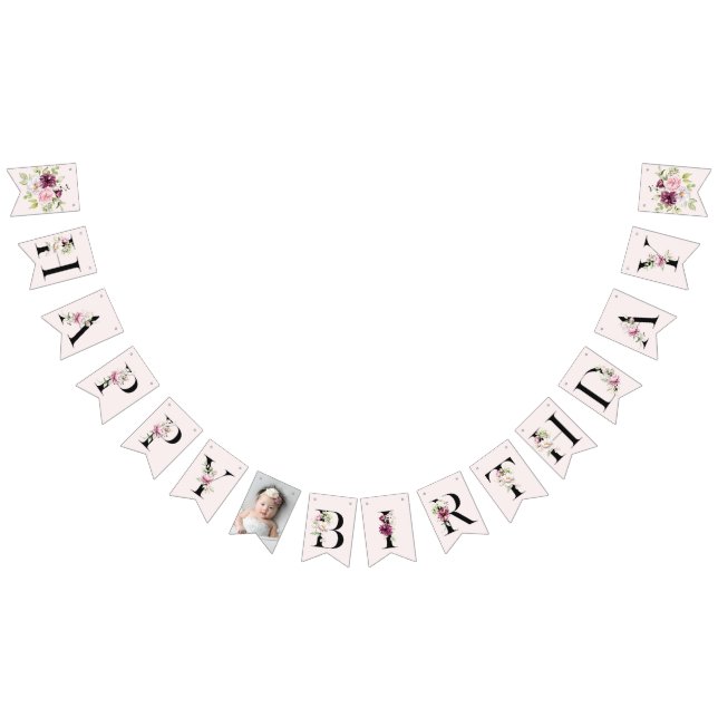 Banderines Rubor Pink Floral Happy Birday Floral Baby Photo (Todo)