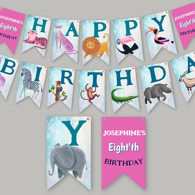 Banderines Safari animals jungle birthday watercolor girl (Subido por el creador)