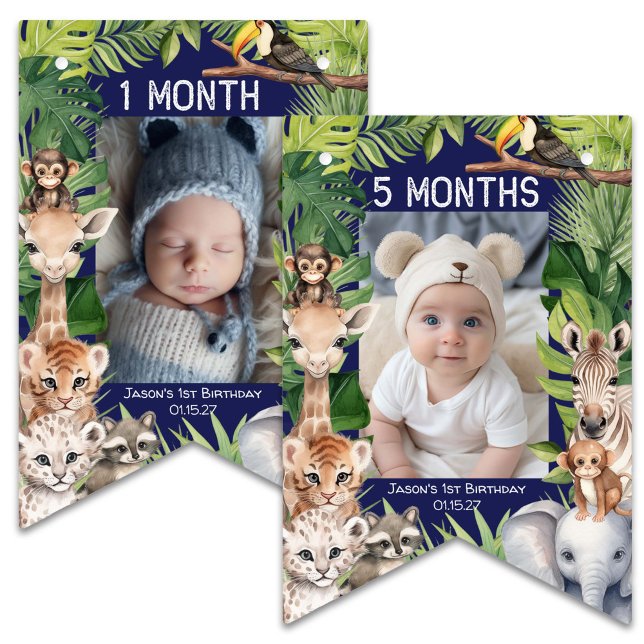 Banderines Safari azul de la Marina Salvaje Un primer cumplea (Navy Blue , Wild One Safari Themed, Jungle Animals 1st birthday Monthly Photo Bunting Banner.)