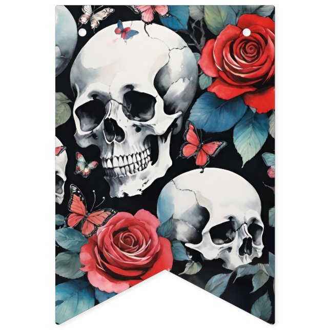 Banderines Skulls Roses and Butterflies Goth Watercolor (Primera bandera)
