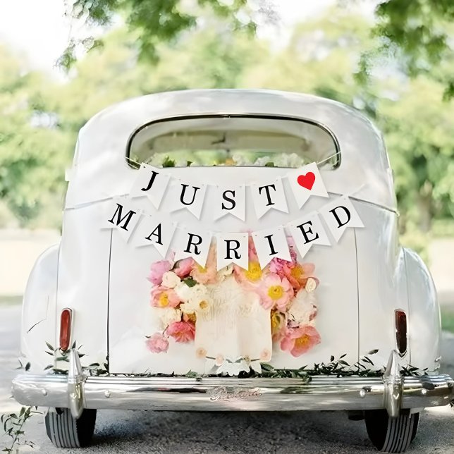 Banderines Sólo Boda casada con decoraciones de auto de envío (Just Married Wedding Send-Off Car Decorations Bunting Flags)