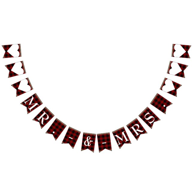 Banderines Sr. y Sra. Red Black Buffalo Plaid Boda (Todo)