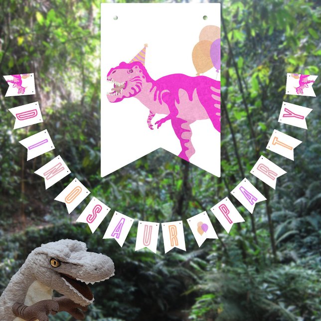 Banderines T-Rex Fiesta de dinosaurios jurásicos de cumpleaño (This fun DINOSAUR BIRTHDAY bunting will add to your custom pink dinosaur birthday party décor)