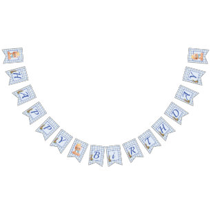 Banderines Teddy Bear Blue Gingham Happy Birday