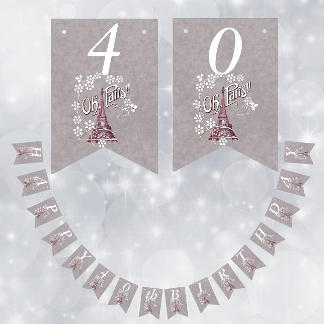 Banderines Torre Eiffel Flores de margarita blanca Cumpleaños (Eiffel tower in France white daisy flowers Oh Paris on grey Happy Birthday banner.)