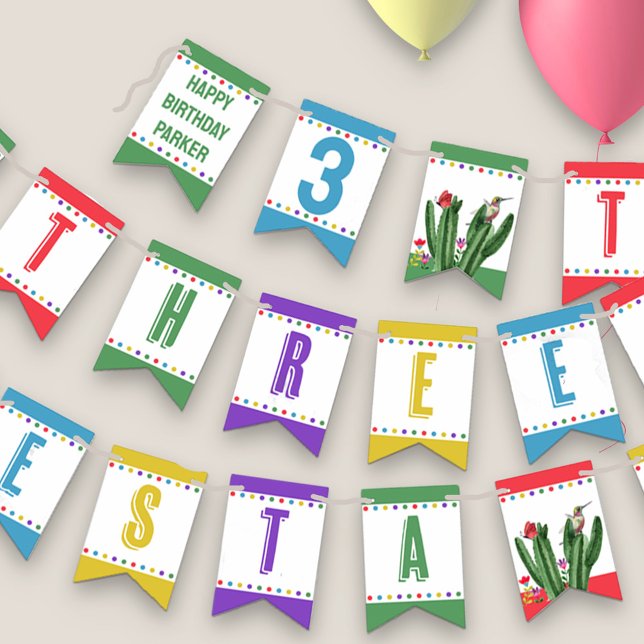 Banderines Tres Esta Fiesta Coloridos Niños Tercer Cumpleaños (Three-esta Bunting with personalized happy birthday message for child's 3rd birthday )