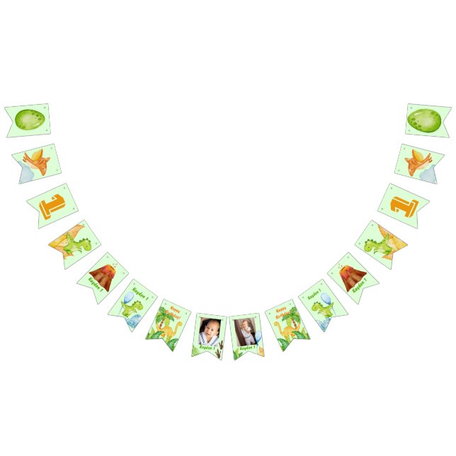 Banderines Verde de dinosaurio personalizado con 2 fotos (Todo)