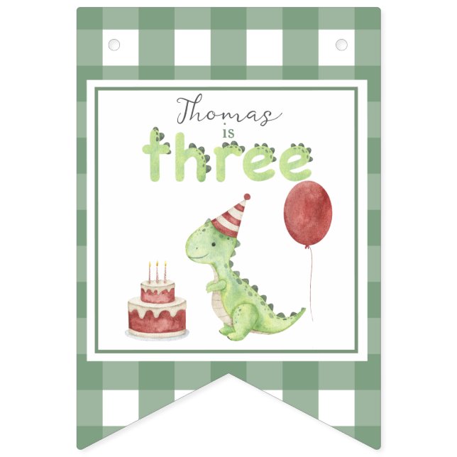 Banderines Watercolor Dinosaur 3 Three rex birthday (Primera bandera)