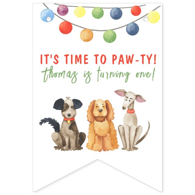 Banderines Watercolor Dog First Birday Paw-ty (Primera bandera)