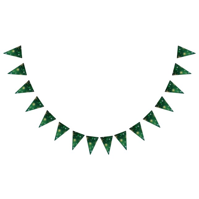 Banderines Xmas copos de nieve dorados sobre fondo verde (Todo)