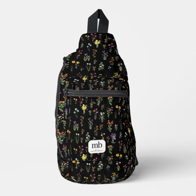 Bandolera Acuarela de Flor silvestre Flora Botánica Negra (Anverso)