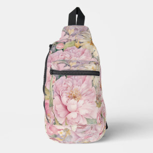 Bandolera Acuarelas de hermosas peonías rosadas..