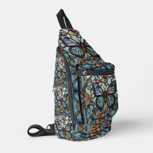 Bandolera arte de mariposa azul de vidrio teñido vintage