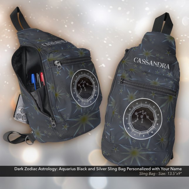 Bandolera Astrología zodiaca oscura: Nombre dorado Aquarius  (Dark Zodiac Astrology: Aquarius Black and Silver Sling Bag -  Personalized with Your Name.)