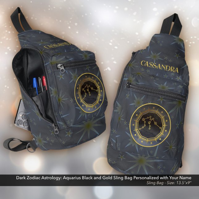 Bandolera Astrología zodiaca oscura: Nombre dorado negro Aqu (Dark Zodiac Astrology: Aquarius Black and Gold Sling Bag -  Personalized with Your Name.)