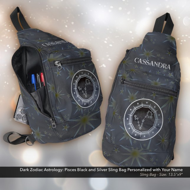 Bandolera Astrología Zodiaca Oscura: Nombre dorado Pisces Si (Dark Zodiac Astrology: Pisces Black and Silver Sling Bag - Personalized with Your Name.)