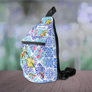Bandolera Azulejo Citrus Floral de Baldosa Azul Amarillo Sic