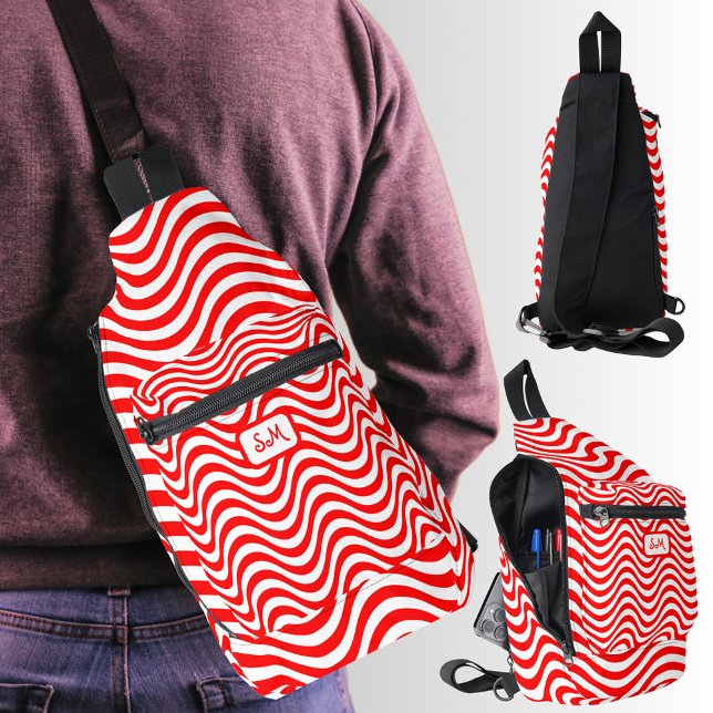 Bandolera Bandas onduladas rojas y blancas de monograma Psic (Monogram Red & White Wavy Stripes Psychedelic Sling Bag)