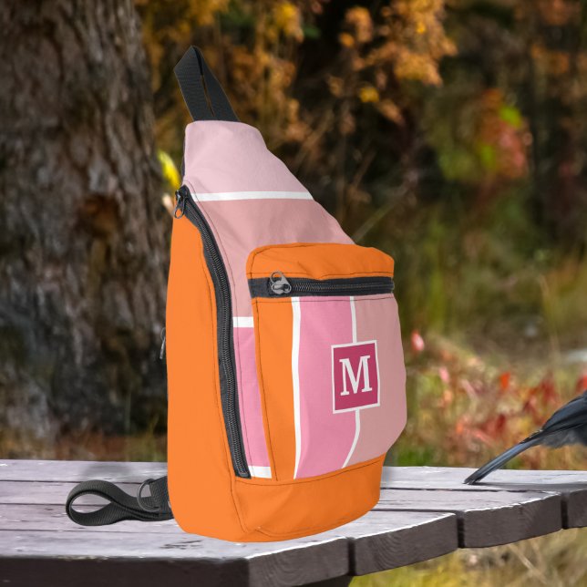 Bandolera Bandas rosadas modernas con monograma (sling bag with monogram in pink and orange)